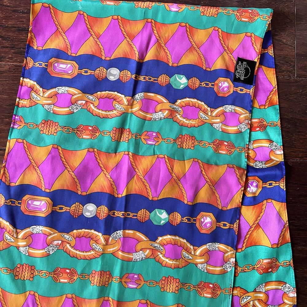 ST. JOHN COLLECTION 100% Silk Oblong Statement Scarf Harlequin Diamonds 13.5x39”
